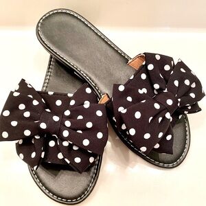 Black and white polka dot flat sandals
